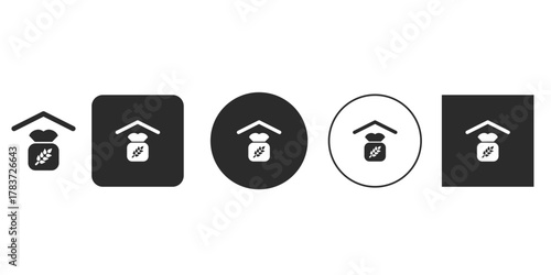 Collection of five different styles of grain storage icons, showcasing various shapes and designs for representing agricultural storage
