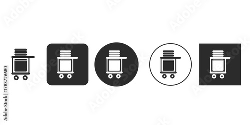 Black and white illustration of a serving cart with wheels, the cart has a flat top and a shelf below, with a stack of plates or trays on top