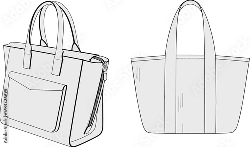 Cad drawing flat vector illustration, black and white handbag sketch, fashion accessory design, tote bag outline, minimalist style