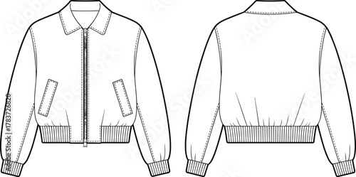 Technical flat sketch, fashion jacket illustration, front and back view, ribbed cuffs, ribbed hem, zipper closure, pointed collar, garment construction drawing