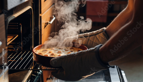 A cook in oven mitts carefully pulls a hot, steaming homemade casserole from the oven