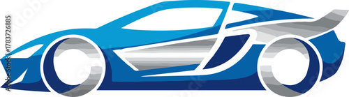 Abstract graphic illustration of a modern blue and silver race car icon.