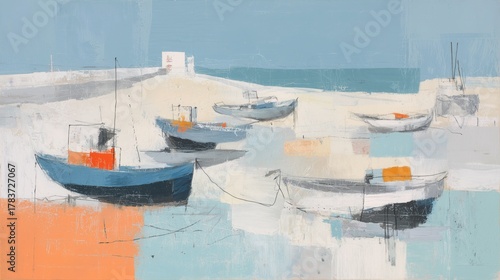 Abstract Coastal Harbor Scene With Fishing Boats In Blue, Orange, Gray And White Tones For Wallpaper, Poster, Banner. Artistic Textured Painting Composition Of Seaside Nautical Landscape.