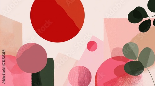 Abstract Geometric Art With Circular, Square Shapes And Plant Elements In Red, Pink, Green Tones For Wallpaper, Poster, Banner. Artistic Composition With Creative Design.