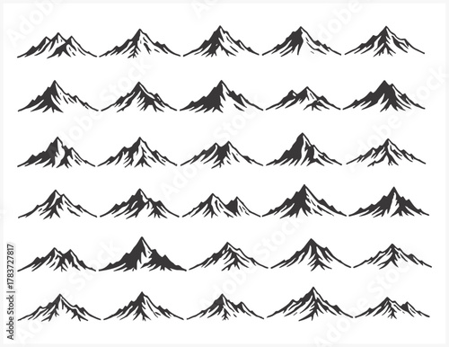Collection of hand drawn mountain peaks silhouettes in a grid layout for design elements
