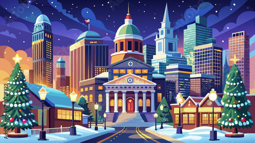 Very beautiful view of Boston, Massachusetts, USA during the Christmas season, showcasing festive holiday decorations, illuminated streets, historic buildings, and a warm realistic winter city atmosph