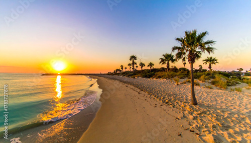 Fototapeta Naklejka Na Ścianę i Meble -  Serene Beach Sunrise with Sandy Path and Dune Grass