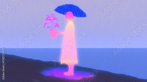 Abstract Illustration Of A Figure With Umbrella Holding Plant By The Sea In Rain With Blue, Pink Tones For Wallpaper, Poster, Banner. Artistic Composition With Dreamy Aesthetic.
