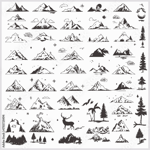 Collection of hand drawn mountain silhouettes and forest landscapes with wildlife elements