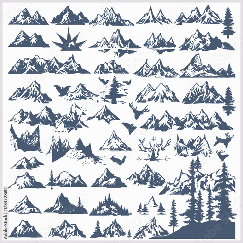Collection of hand drawn mountain peaks and forest silhouettes in a vintage sketch style