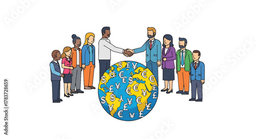 Business people shake hands over a globe featuring currency symbols, signifying global finance and international trade agreements