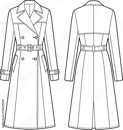 Technical flat sketch, trench coat illustration, double‑breasted design, wide lapel collar, belted waist, epaulets, cuff straps, garment construction drawing