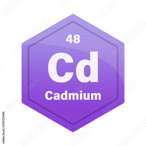 Cadmium chemical element tile. Atomic number 48. Cd chemical sign. Light purple Vector hexagon.