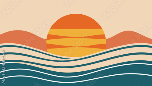 Bohemian minimalist lines, sunrise and sunset over the waves of the sea.