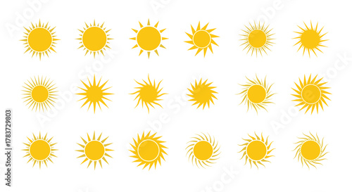 Collection of vibrant yellow sun icons in a flat design style, perfect for logos, weather applications, and graphic design elements. This set features diverse sun star shapes and bright natural