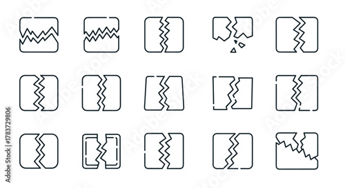 Set of 15 line icons representing broken boxes, symbolizing damage, destruction, or separation. These versatile icons are perfect for web design, print materials, and digital applications, conveying