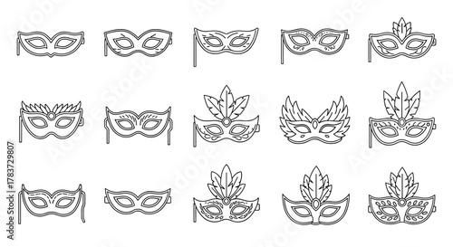 Collection of simple linear outline carnival masks, editable stroke, suitable for websites, books, cards, and apps, vector cartoon illustration with a festive and mysterious feel, perfect for