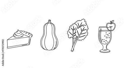 Outline icon set of seasonal menu ingredients, featuring a slice of pumpkin pie with whipped cream, a butternut squash, a bunch of kale, and a glass of apple cider garnished with an apple slice