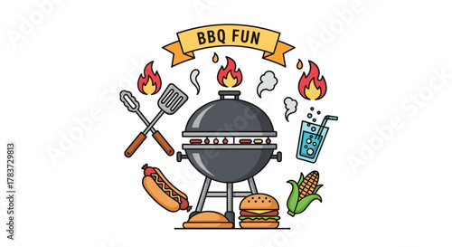 Vibrant and playful illustration of BBQ fun, featuring a classic charcoal grill with sizzling sausages, a hot dog, a juicy burger, corn on the cob, and a refreshing drink, surrounded by flames and