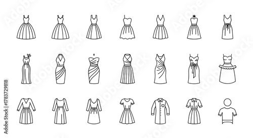 Collection of elegant dress illustrations in a thin line art style, perfect for apps, websites, banners, and infographics, showcasing various styles from ballgowns to casual dresses, rendered in a
