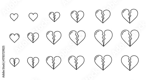 Collection of broken heart outline linear symbols in various sizes, perfect for graphic and web design, apps, adverts, and various cards. This vector cartoon illustration on a white background
