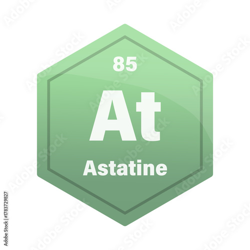Astatine chemical element tile. Atomic number 85. At chemical sign. Pale green Vector hexagon.