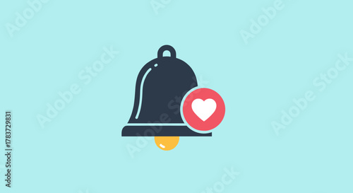 A striking, modern vector illustration of a dark grey notification bell icon, featuring a vibrant red circle with a white heart symbol, signifying likes or favorites, set against a clean, light blue