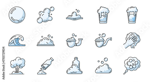 Collection of line art icons representing bubbles and foam, perfect for web, apps, and infographics. Includes a single bubble, clusters of bubbles, foamy waves, beer foam, pipe foam, hand washing