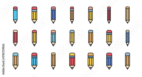 Collection of Vivid, Filled Color Icons of Pencils, Minimalistic Linear Pictograms for Web and Graphic Design, Apps, Banners, Social Networks, and Cards, Vector Illustration with Multiple Color