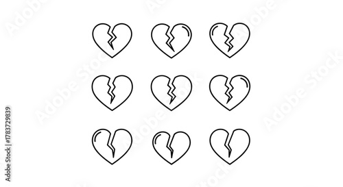 Collection of nine simple outline broken heart icons, presented in a 3x3 grid on a clean white background, perfect for graphic design, web development, app interfaces, advertising materials, and