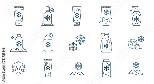 Collection of minimalistic line art icons representing winter skincare and cosmetic products, featuring snowflakes, ice cubes, and frosty textures, perfect for web, graphic design, apps, banners, and