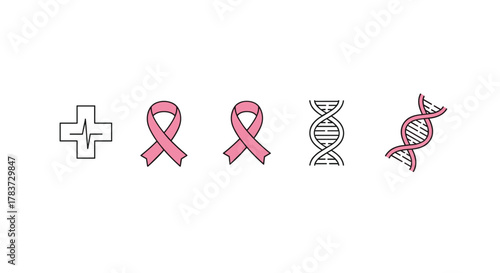 Collection of medical symbols including a cross with a heartbeat line, two pink breast cancer awareness ribbons, and two DNA helix icons, one outlined and one in pink, perfect for apps, websites