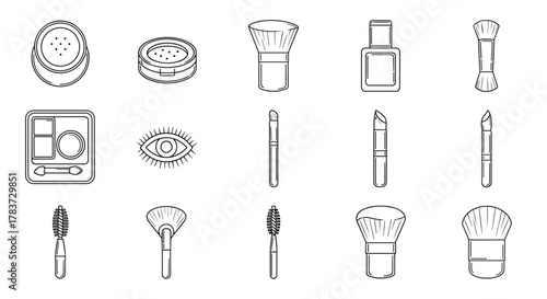 Collection of cosmetic brushes and makeup items in outline style, including powder compacts, eyeshadow palette, eye icon, nail polish bottle, and various brush types like powder, fan, and mascara