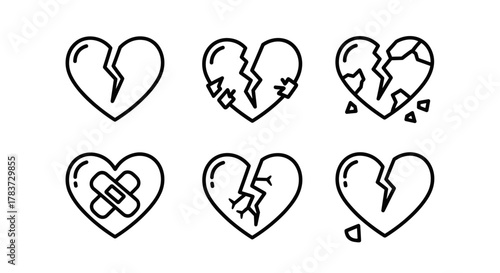 Set of six modern outline style icons representing broken hearts, symbolizing heartbreak, sadness, and emotional pain. Includes cracked hearts, a heart with band-aids, and fragmented hearts, perfect