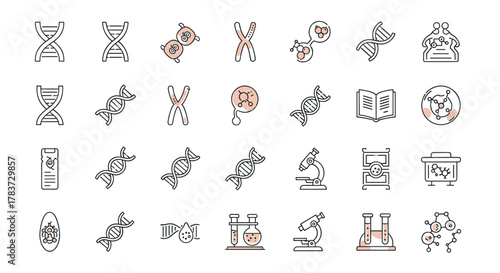 Set of thin line icons representing DNA, chromosomes, cells, molecules, microscopes, and scientific research, suitable for web, books, cards, and apps. Editable stroke vector cartoon illustration on