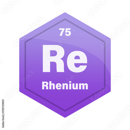 Rhenium chemical element tile. Atomic number 75. Re chemical sign. Red purple Vector hexagon.