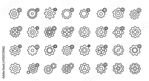 Collection of simple gear and cogwheel icons with editable strokes, perfect for infographics, articles, books, flyers, and banners, representing mechanisms, industry, and technology in a clean vector