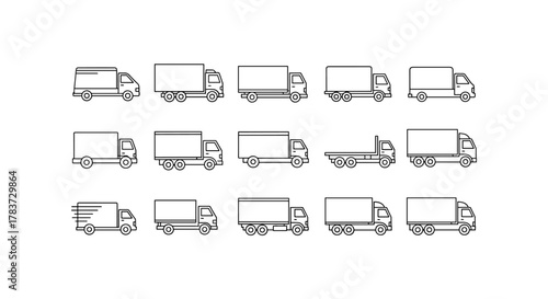 Collection of thin line icons representing various delivery trucks, including box trucks, flatbeds, and articulated lorries, perfect for web, apps, and print design, rendered as editable stroke