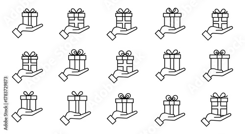 Collection of simple, linear outline icons depicting hands holding gift boxes with bows, perfect for web, books, cards, and apps, representing generosity, surprise, and celebration with editable