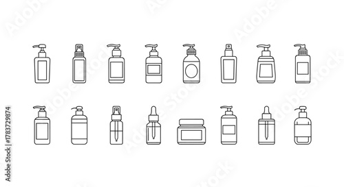 Collection of minimalistic linear icons representing cosmetic bottles and containers, including pump dispensers, spray bottles, dropper bottles, and jars, perfect for web and graphic design, apps