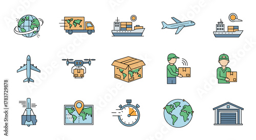 Global Delivery Icons: A vibrant collection of minimalistic, thin-line vector illustrations representing various aspects of worldwide logistics, including trucks, ships, airplanes, drones, delivery
