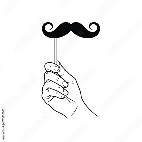Hand holding a black mustache prop on a stick