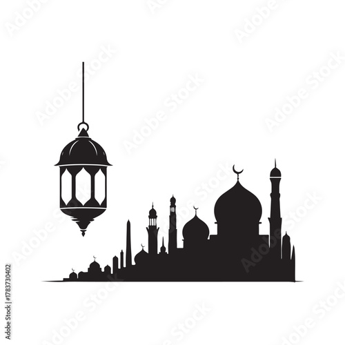 ramadan lantern and mosque skyline vector silhouette clip art logo design illustration. abstract lantern and mosque icon set collection