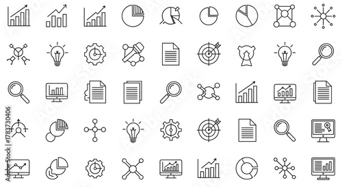 Seamless pattern of thin line icons representing analytics and business concepts on a white background, including bar charts, pie charts, magnifying glasses, lightbulbs, gears, targets, documents
