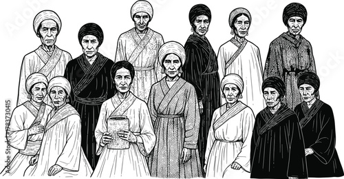 Photos Traditional group portrait illustration, cultural attire silhouettes, historical