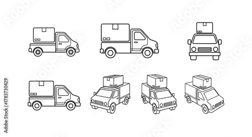 Minimalistic outline icons of delivery vans loaded with boxes, presented in various angles including side view, front view, and isometric perspectives, perfect for web, graphic design, apps, banners