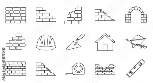 Collection of simple linear outline icons representing construction and building elements, including various brick walls, a protective helmet, a trowel, a house silhouette, a wheelbarrow, a measuring