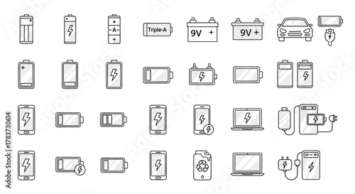 Collection of battery icons in a clean, modern line art style, featuring various battery types like AA, AAA, car batteries, and mobile device power indicators, perfect for infographics, articles, and