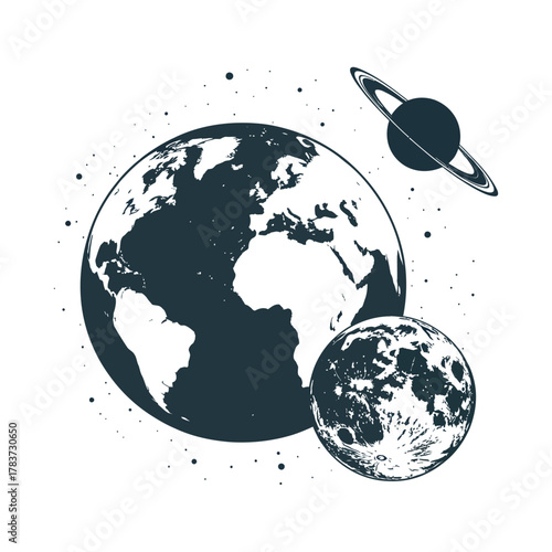 Planet Earth, moon, and ringed planet in deep blue space, showcasing celestial bodies, astronomy illustration, cosmic scene, universe concept, perfect for science, education, and space design projects