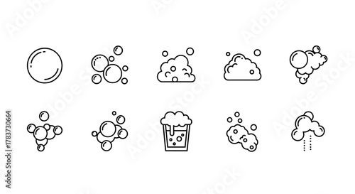 Collection of linear vector icons representing bubbles and foam, perfect for graphic design, web sites, cards, books, and articles. This ordered set includes various bubble formations and foamy cloud